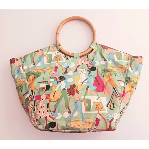 VTG Neiman Marcus Fashion Diva Green Cotton Print Tote Bamboo Ring Handle - Picture 11 of 11
